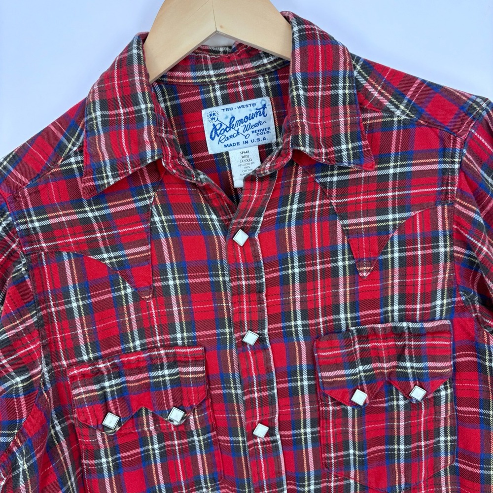 VTG Rockmount Ranch Wear Flannel Pearl Snap Shirt Mens 14.5x32 Red Sawtooth